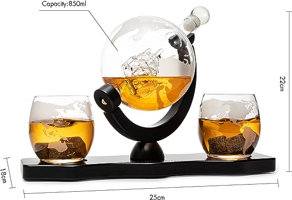 Gifts for Dad, Men Whiskey & Wine Decanter Globe World Set with Globe Glasses Anniversary Birthday House Warming for Liquor Scotch Bourbon Vodka, Gift for Him Husband, Gifts For Men Globe - 850ml